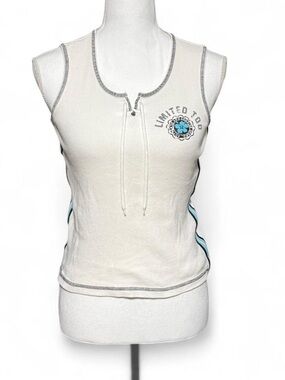 Limited Too Y2K Ribbed Tank Top Lace Up Cream Stripe Side XS/S Coastal